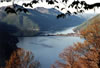 Lake Lugano with the dam of Melide